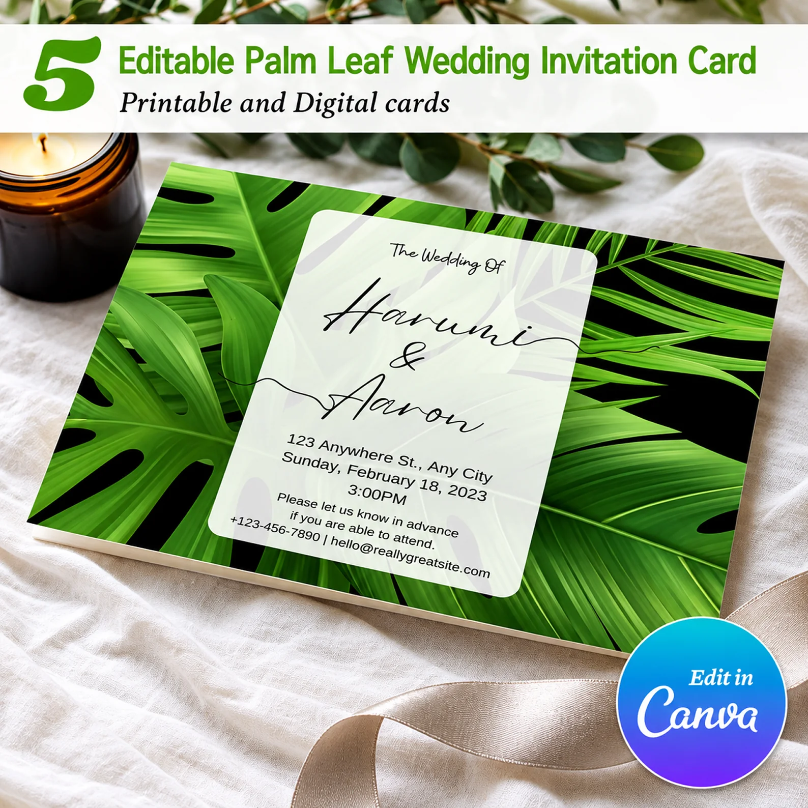 Modern Palm Leaf Wedding Invitations Template